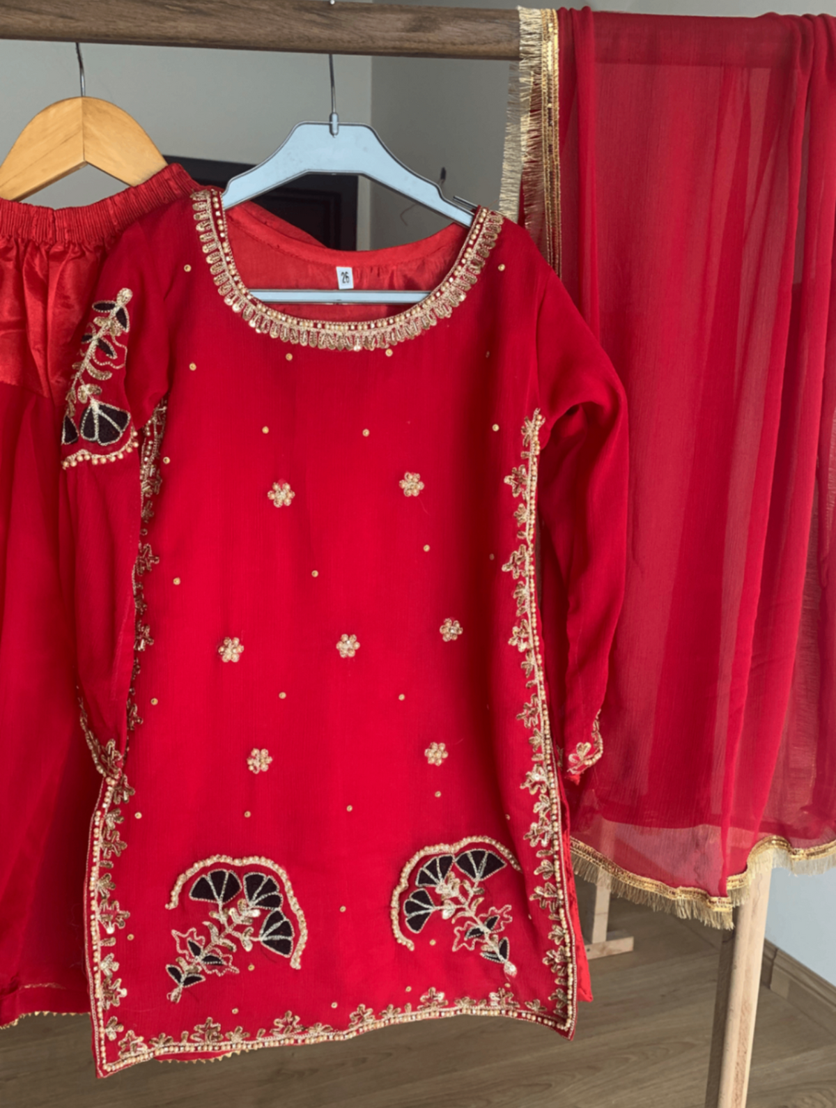 Red Embroidered Chiffon Sharara 3-Piece Set