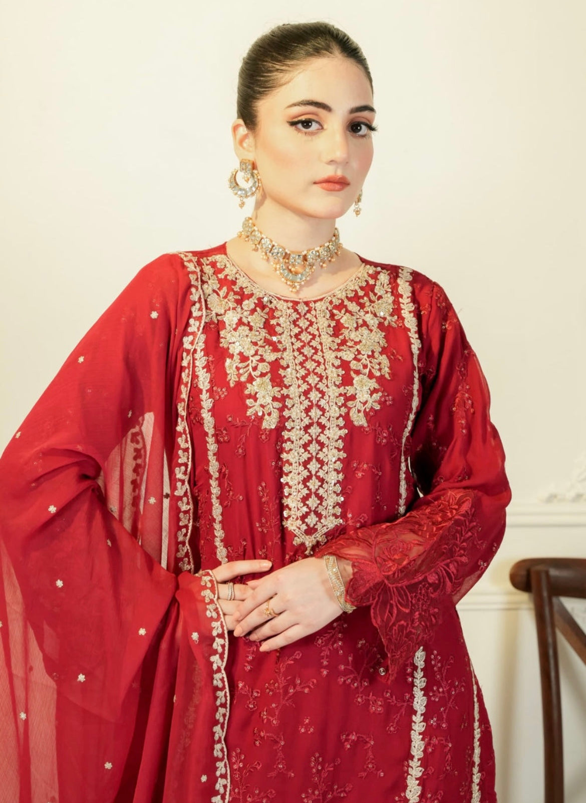 3 Piece Maroon Chiffon Embroidered Suit
