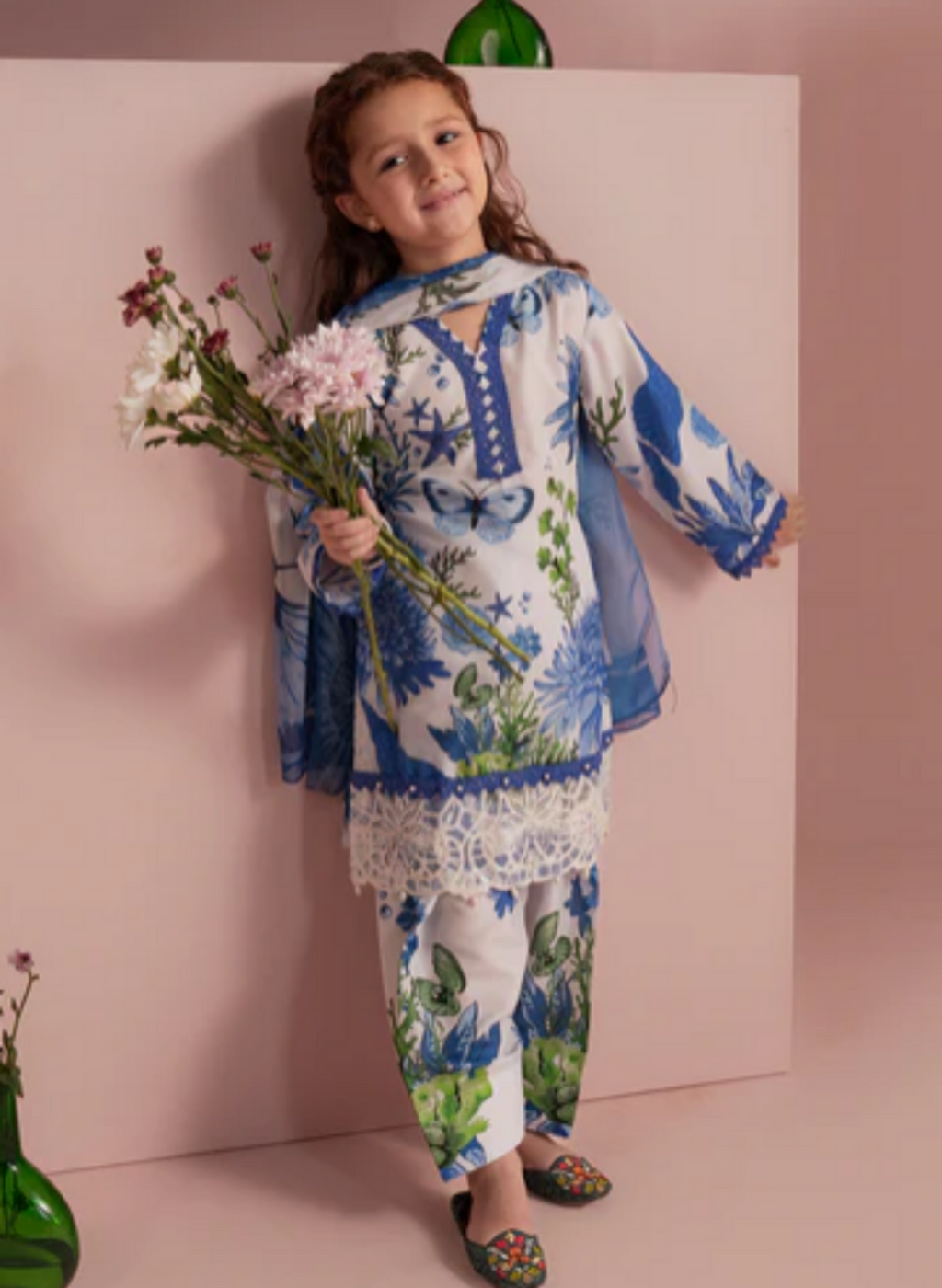 Girls White Poly Lawn 3-Piece Kurta Set