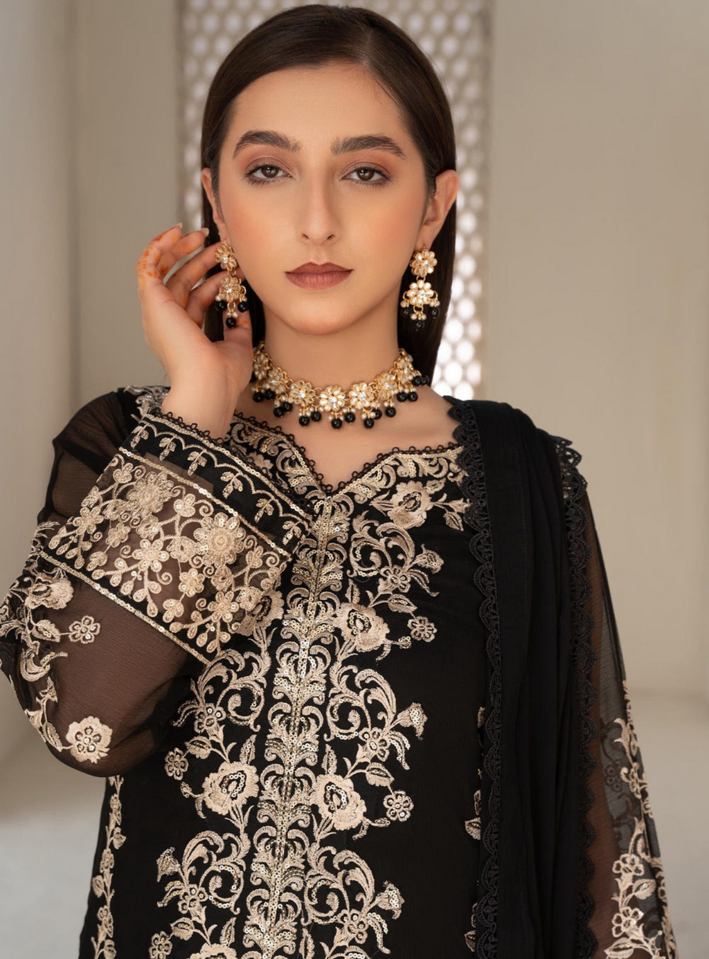 Black Luxury Embroidered Chiffon 3-Piece Suit