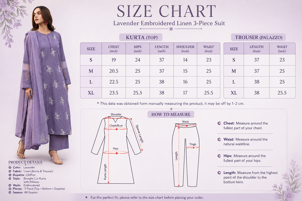 Lavender Embroidered Linen 3-Piece Kurta Palazzo Set