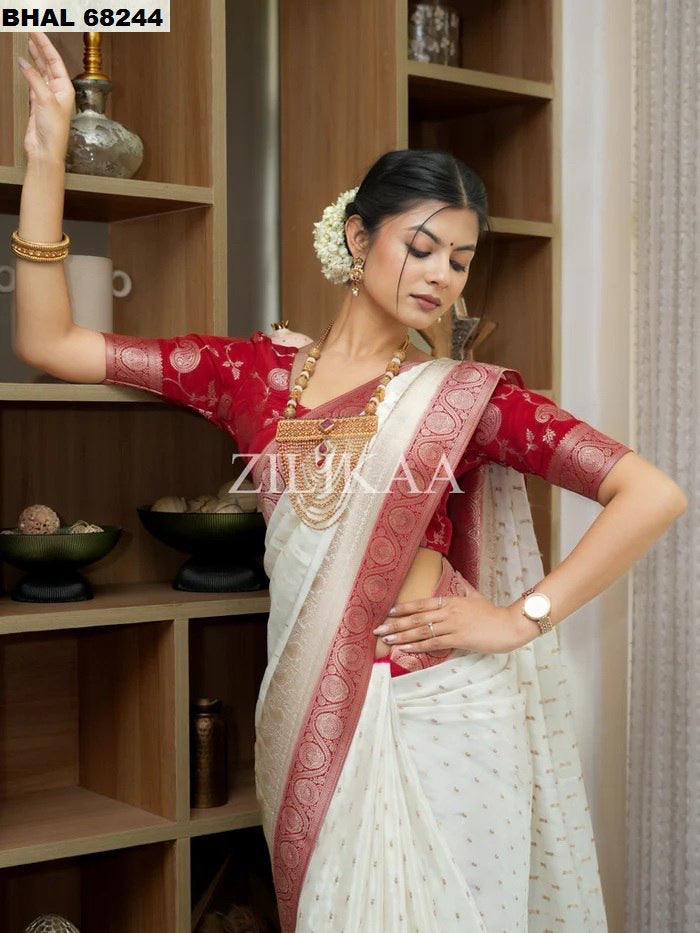 Soft Silk Saree (White Red)