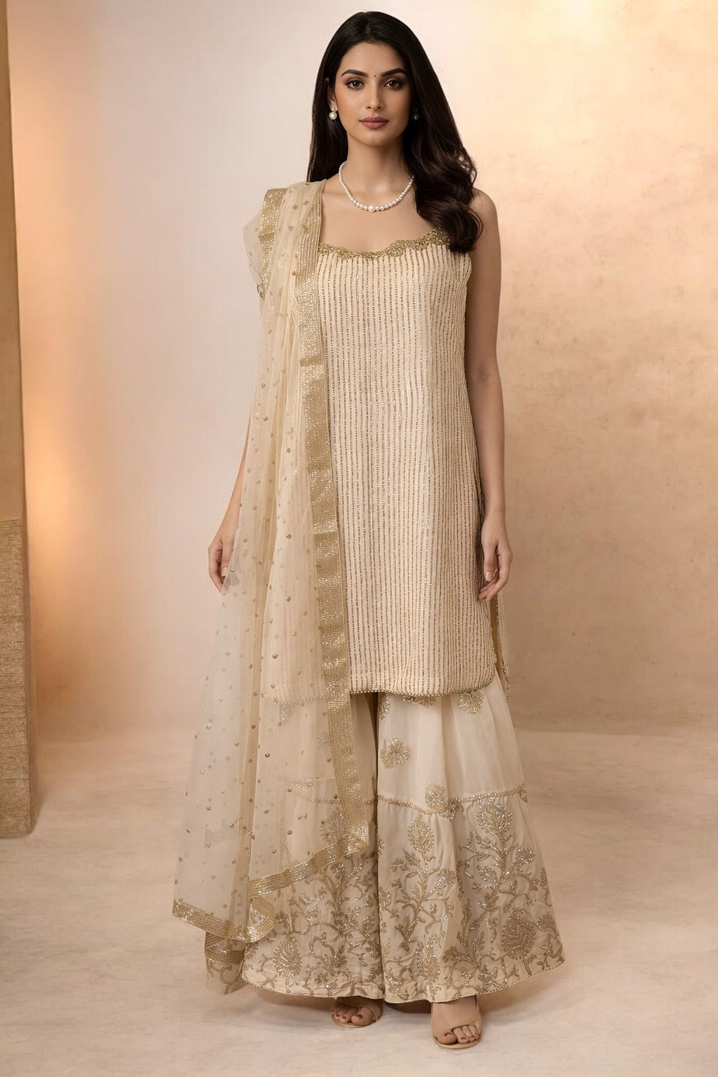 Elegant Cream & Gold Embroidered 3-Piece Sharara Suit