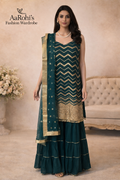 Dark Teal Georgette Sequins Work 3-Piece Sharara Suit (Size 44)