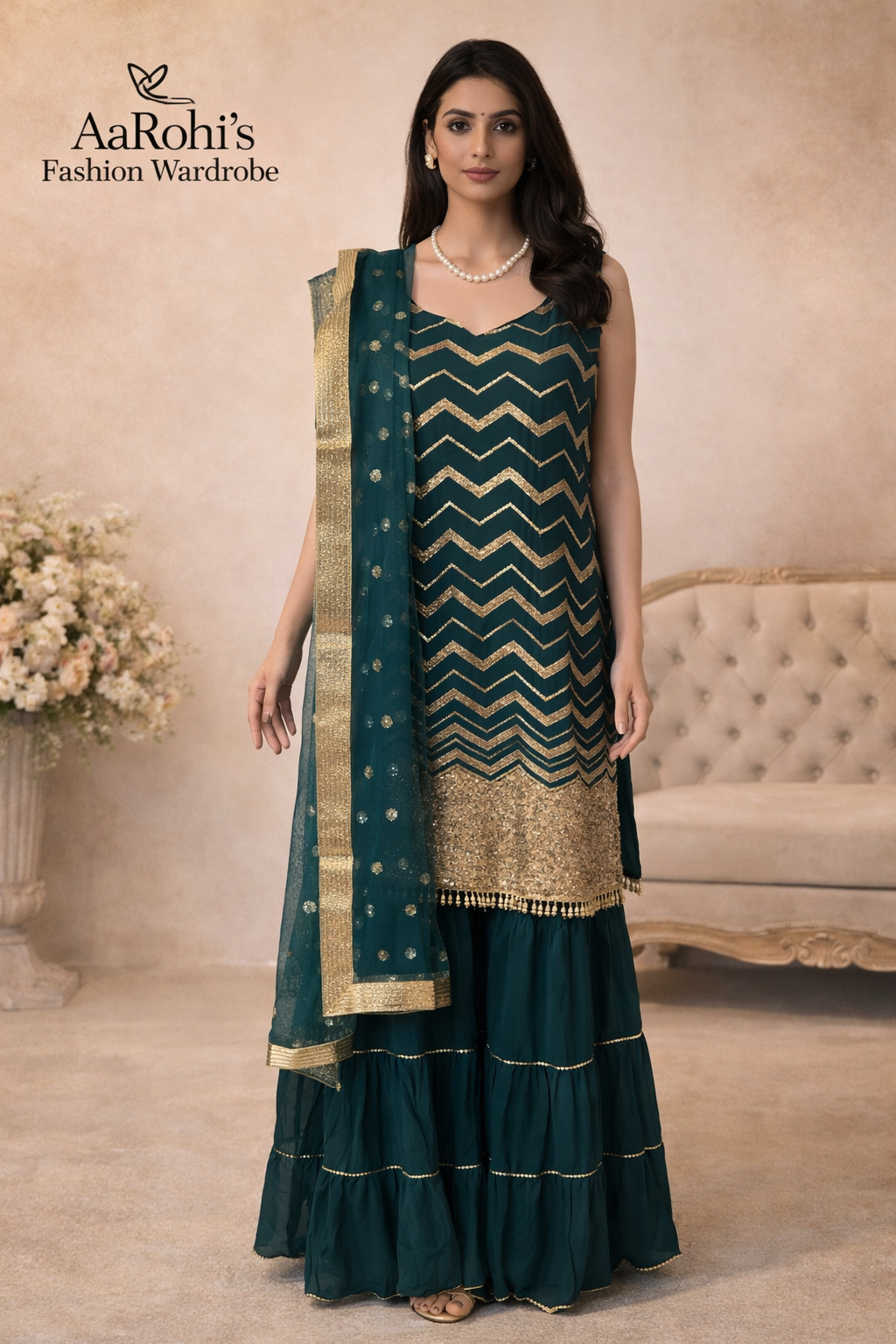 Dark Teal Georgette Sequins Work 3-Piece Sharara Suit (Size 44)
