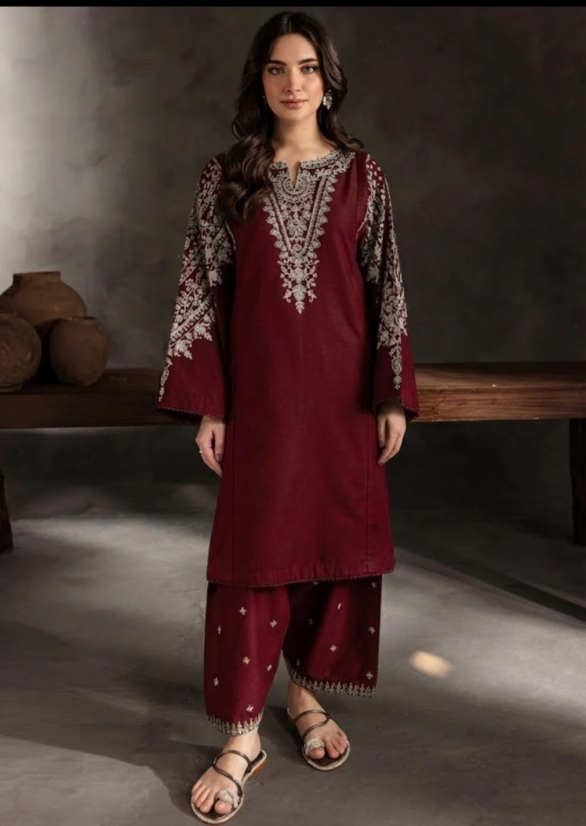 Maroon Luxe Embroidered Cambric Set (2-Piece)