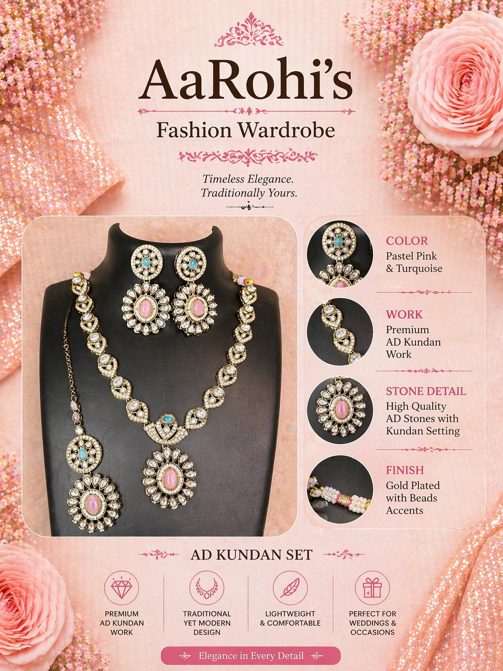 AD Kundan Jewelry Set – Elegant Pink & Turquoise Statement Ensemble