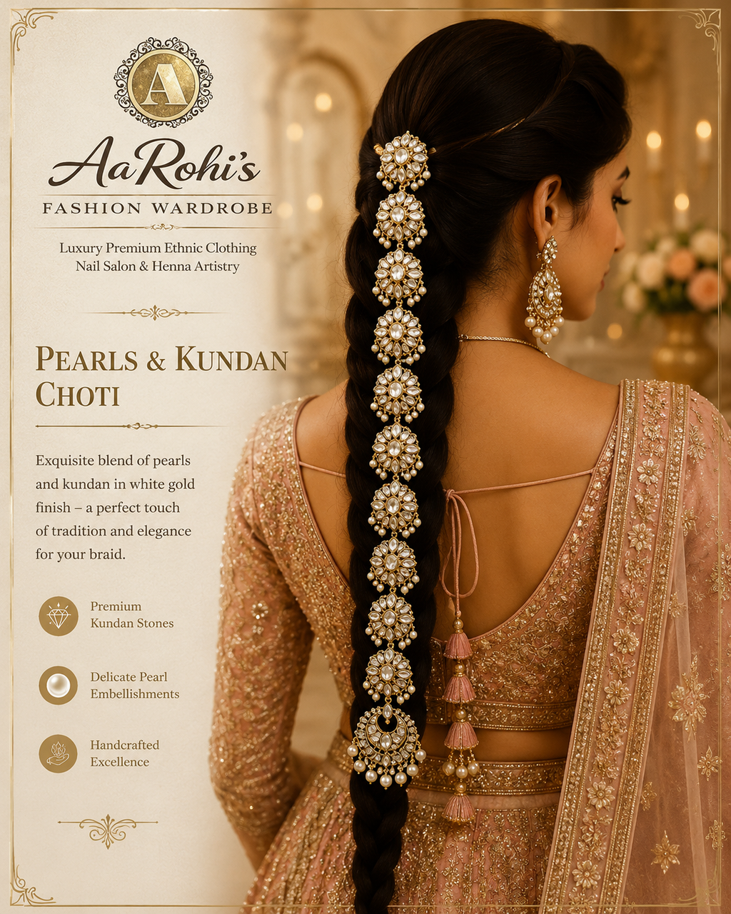 White Gold Kundan & Pearl Choti (Braid Accessory)