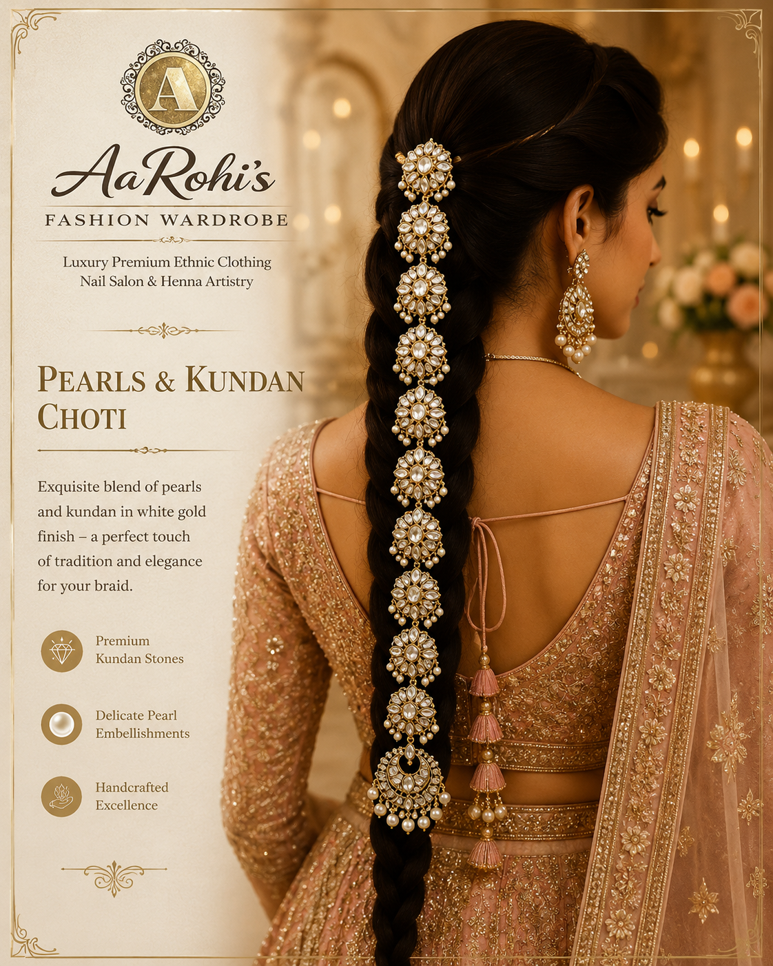 White Gold Kundan & Pearl Choti (Braid Accessory)