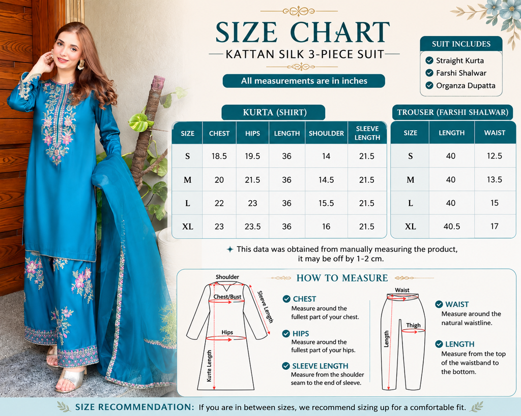 Teal Blue Kattan Silk 3-Piece Kurta Set