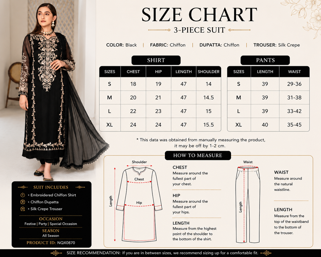 Black Luxury Embroidered Chiffon 3-Piece Suit