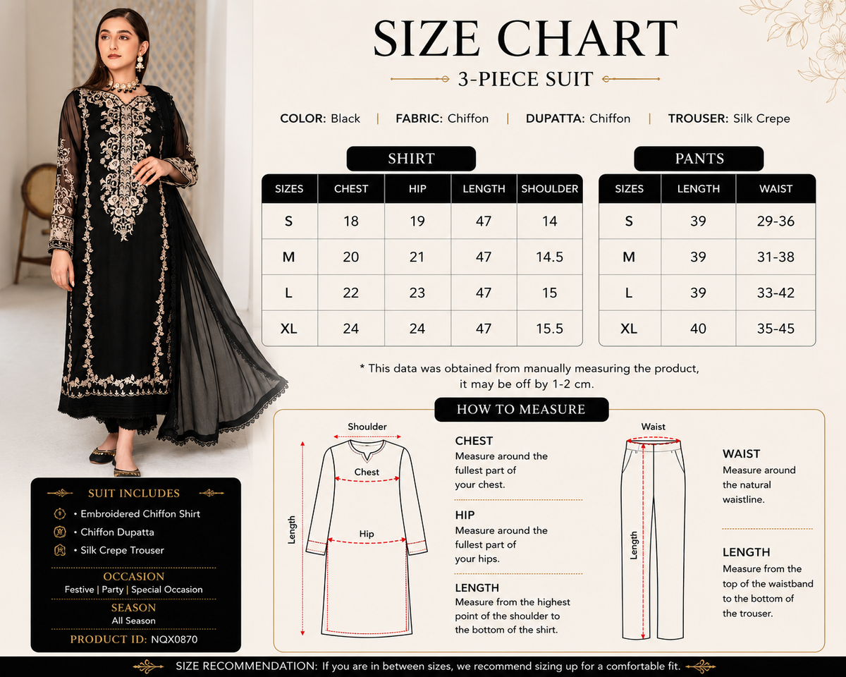 Black Luxury Embroidered Chiffon 3-Piece Suit