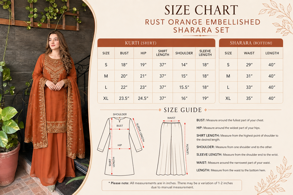 Rust Orange Embellished Sharara Set – 3 Piece