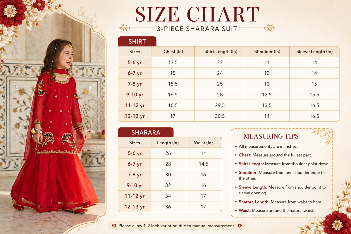 Red Embroidered Chiffon Sharara 3-Piece Set