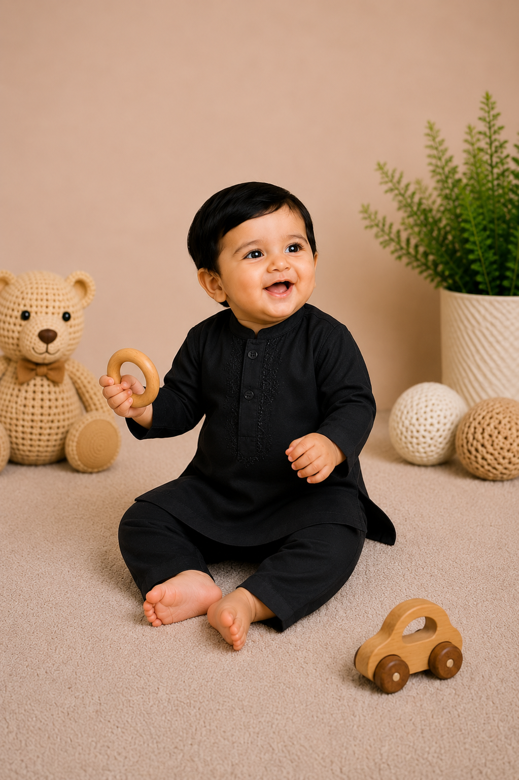 Little Baby Boy Embroidered Cotton Kurta Trouser Set – Earth Brown (Copy)