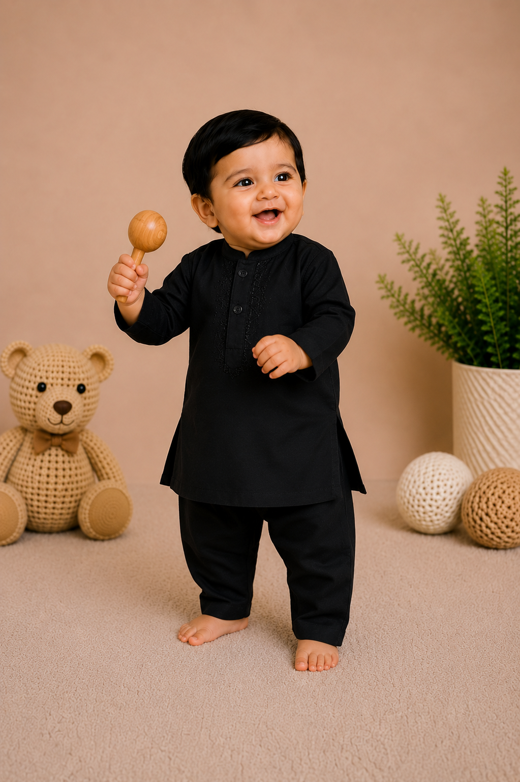 Little Baby Boy Embroidered Cotton Kurta Trouser Set – Earth Brown (Copy)