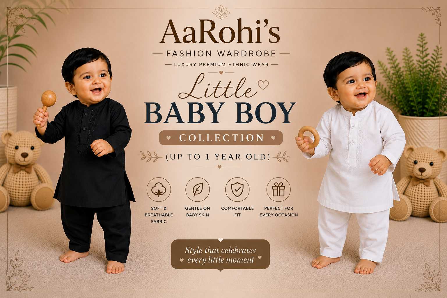 Little Baby Boy Embroidered Cotton Kurta Trouser Set – Earth Brown (Copy)