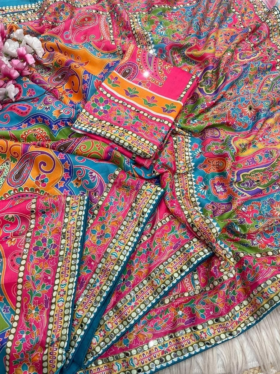 Designer Chinon Silk Saree (Pink)