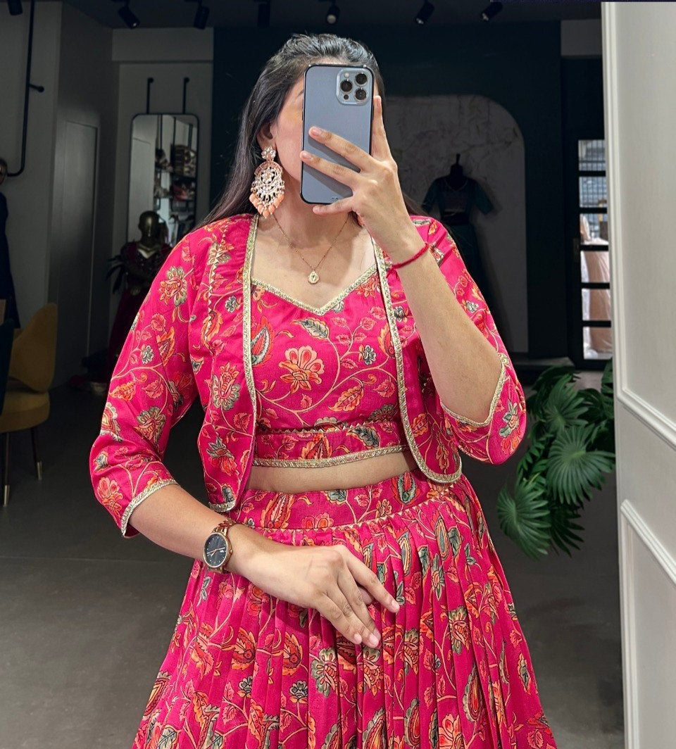 Tussar Silk Floral Print Lehenga Set with Koti