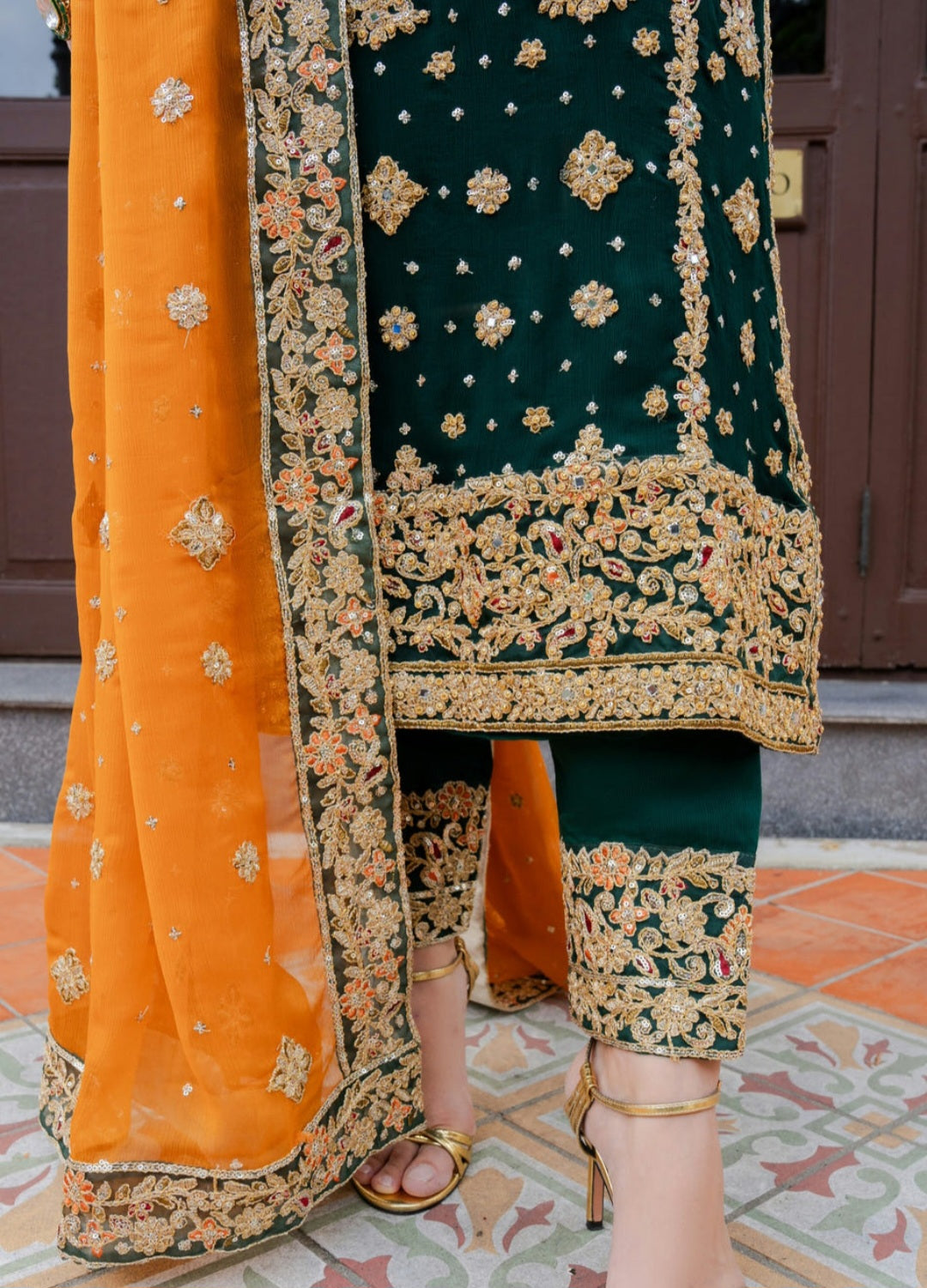 Bottle Green Embroidered Kurta Set with Chiffon Dupatta