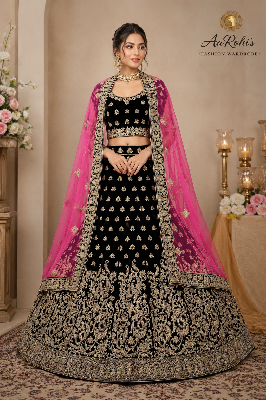Royal Wine Velvet Embroidered Lehenga Set