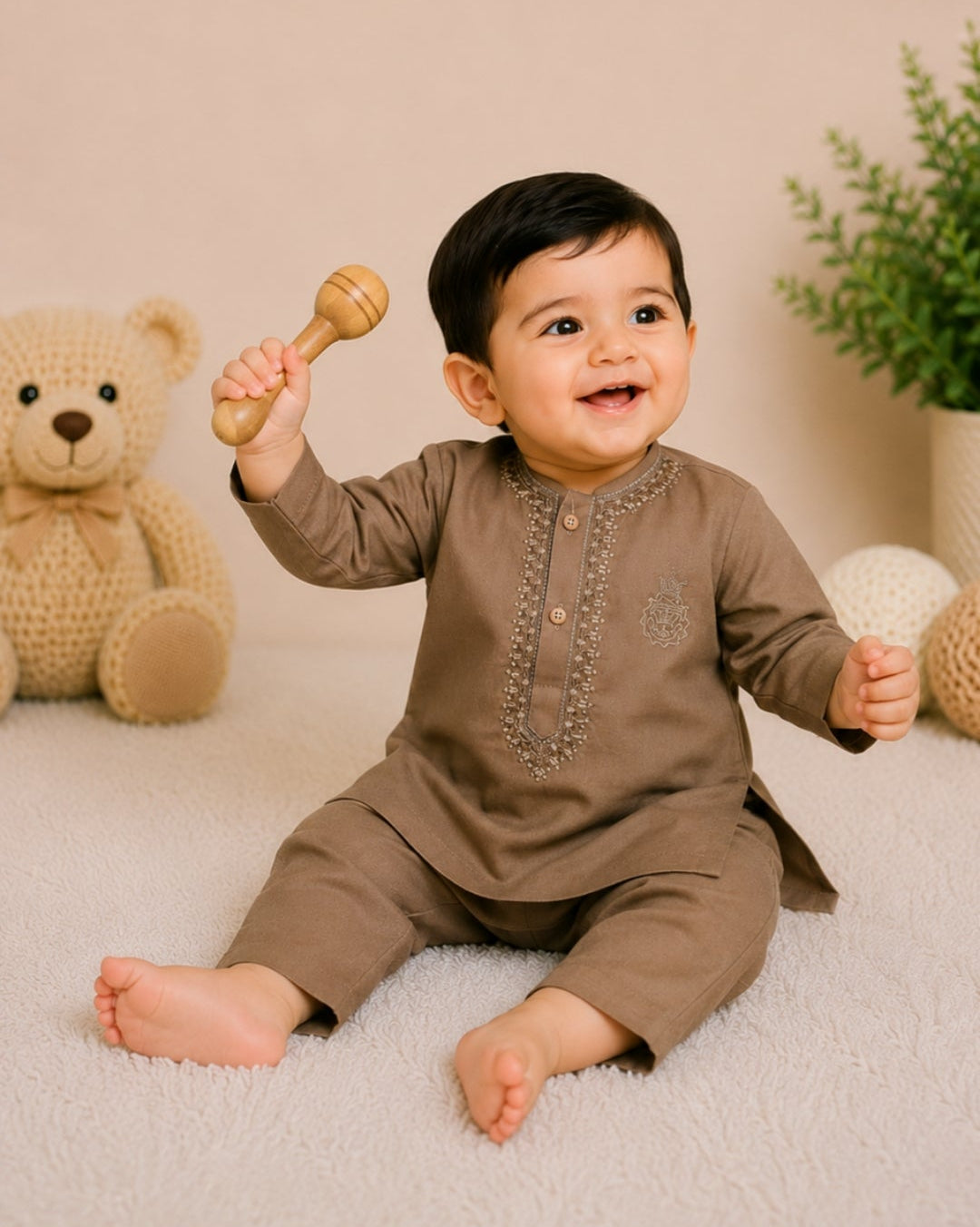 Little Baby Boy Embroidered Cotton Kurta Trouser Set – Earth Brown