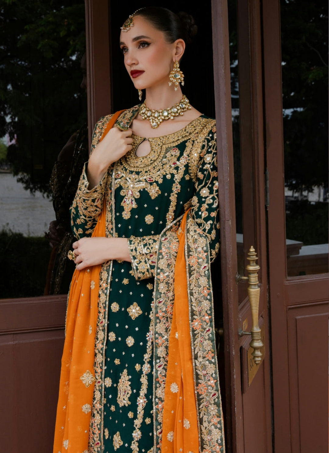 Bottle Green Embroidered Kurta Set with Chiffon Dupatta