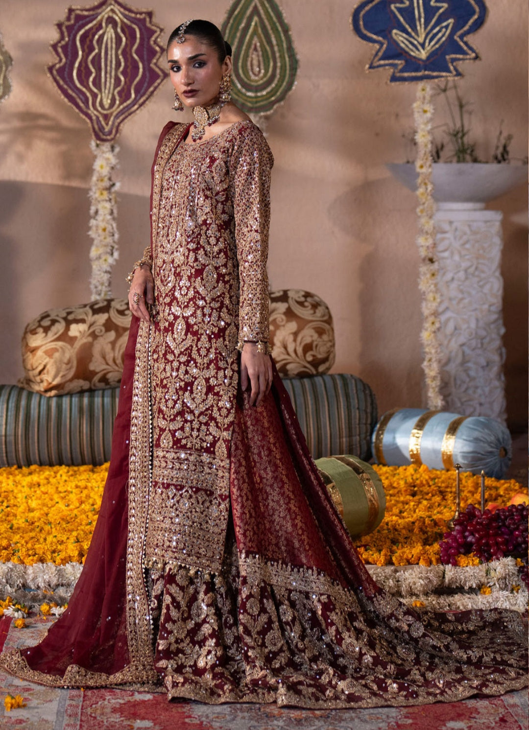 Roshanara - Maroon Chiffon Straight Cut Lehenga Set with Dupatta