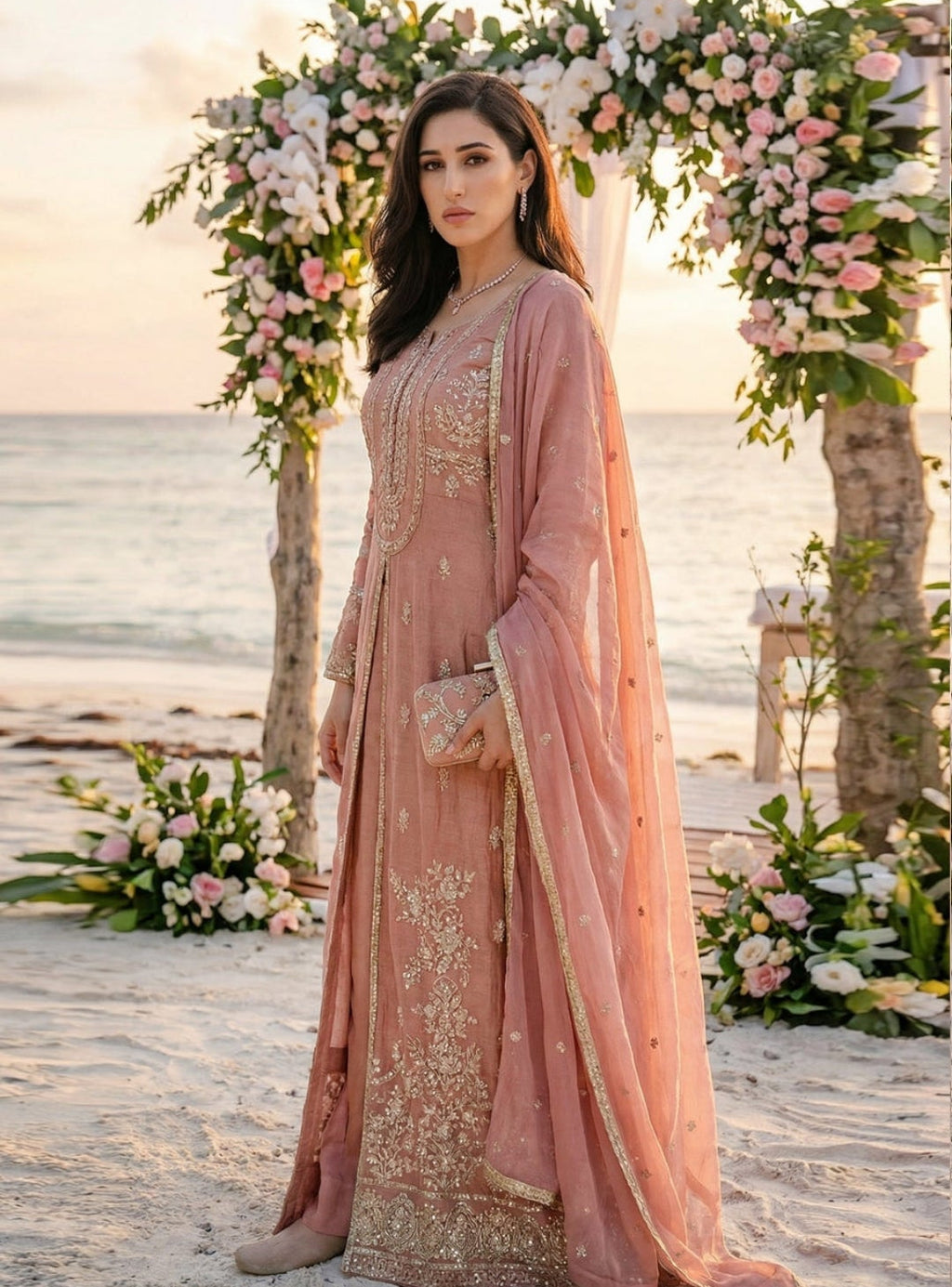 Peach Pink Embroidered Suit Set