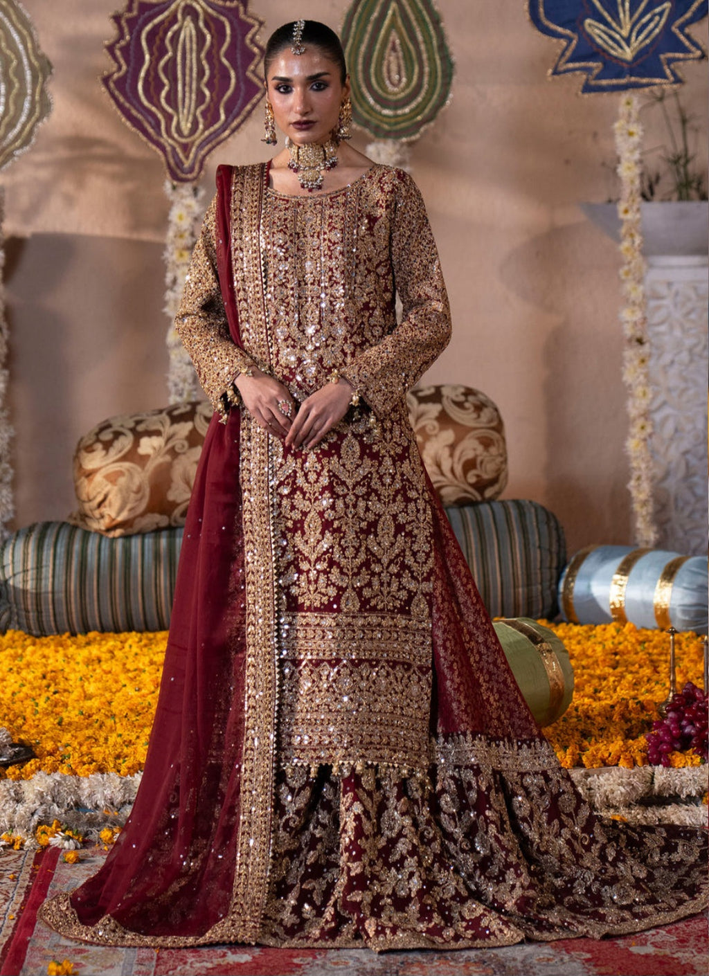 Roshanara - Maroon Chiffon Straight Cut Lehenga Set with Dupatta