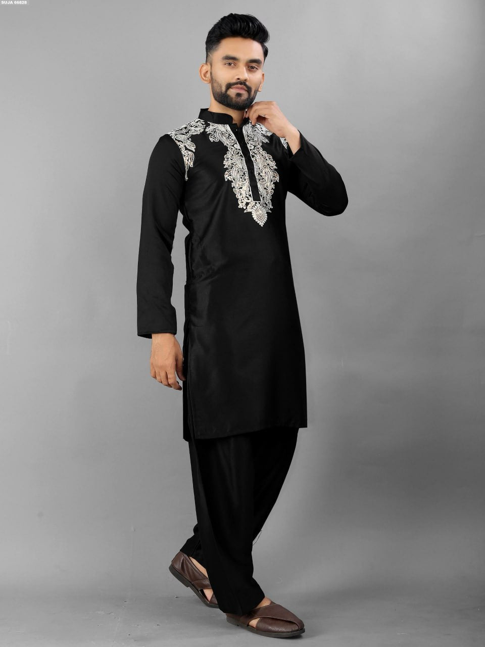 Embroidered Pathani Kurta with Shalwar Set