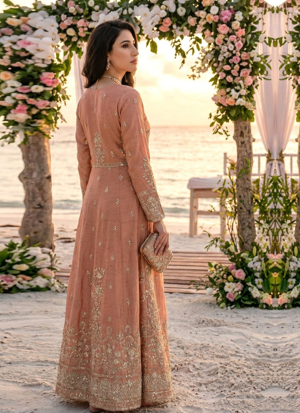 Peach Pink Embroidered Suit Set