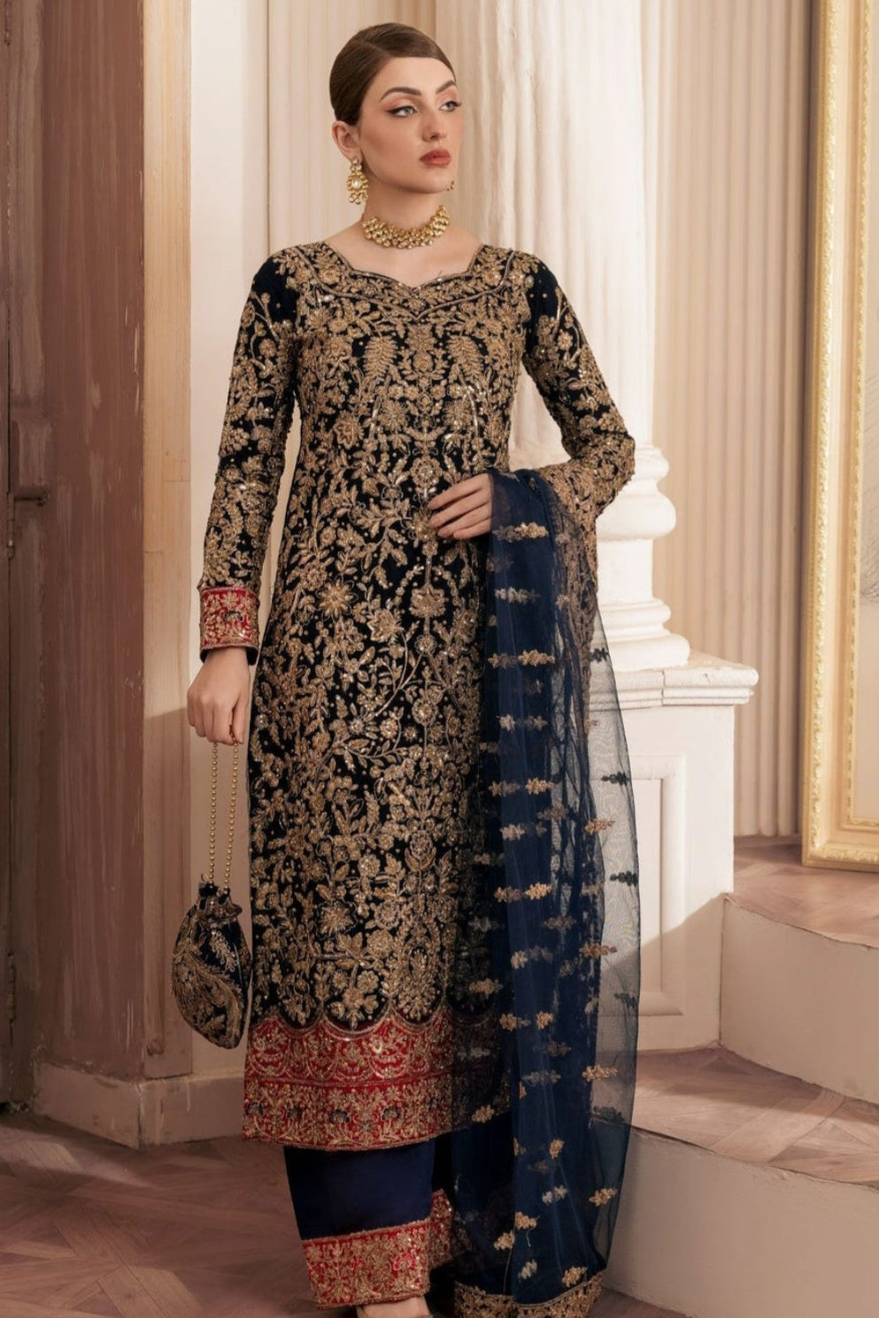 Navy Blue Embroidered Net Kurta Set with Dupatta