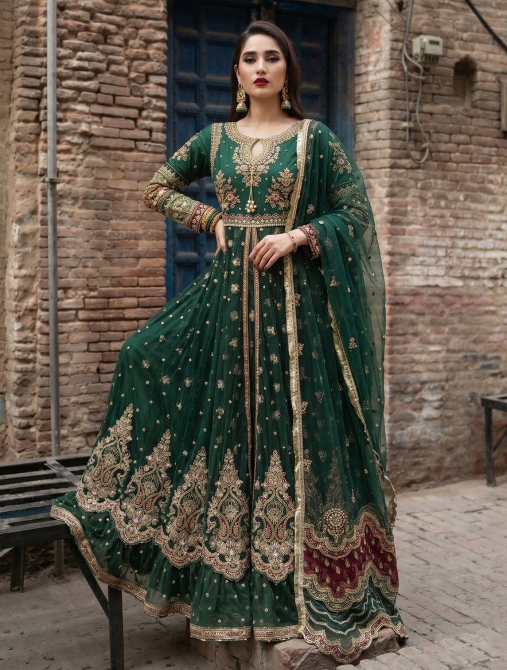 Green Embroidered Flared Maxi Suit Set