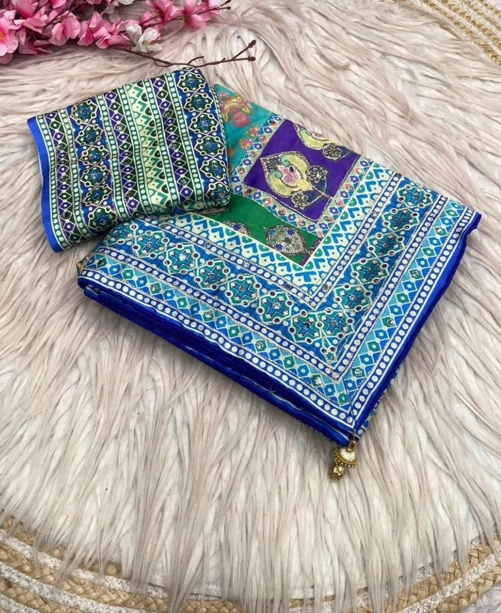 Designer Chinon Silk Saree (Blue Purple)