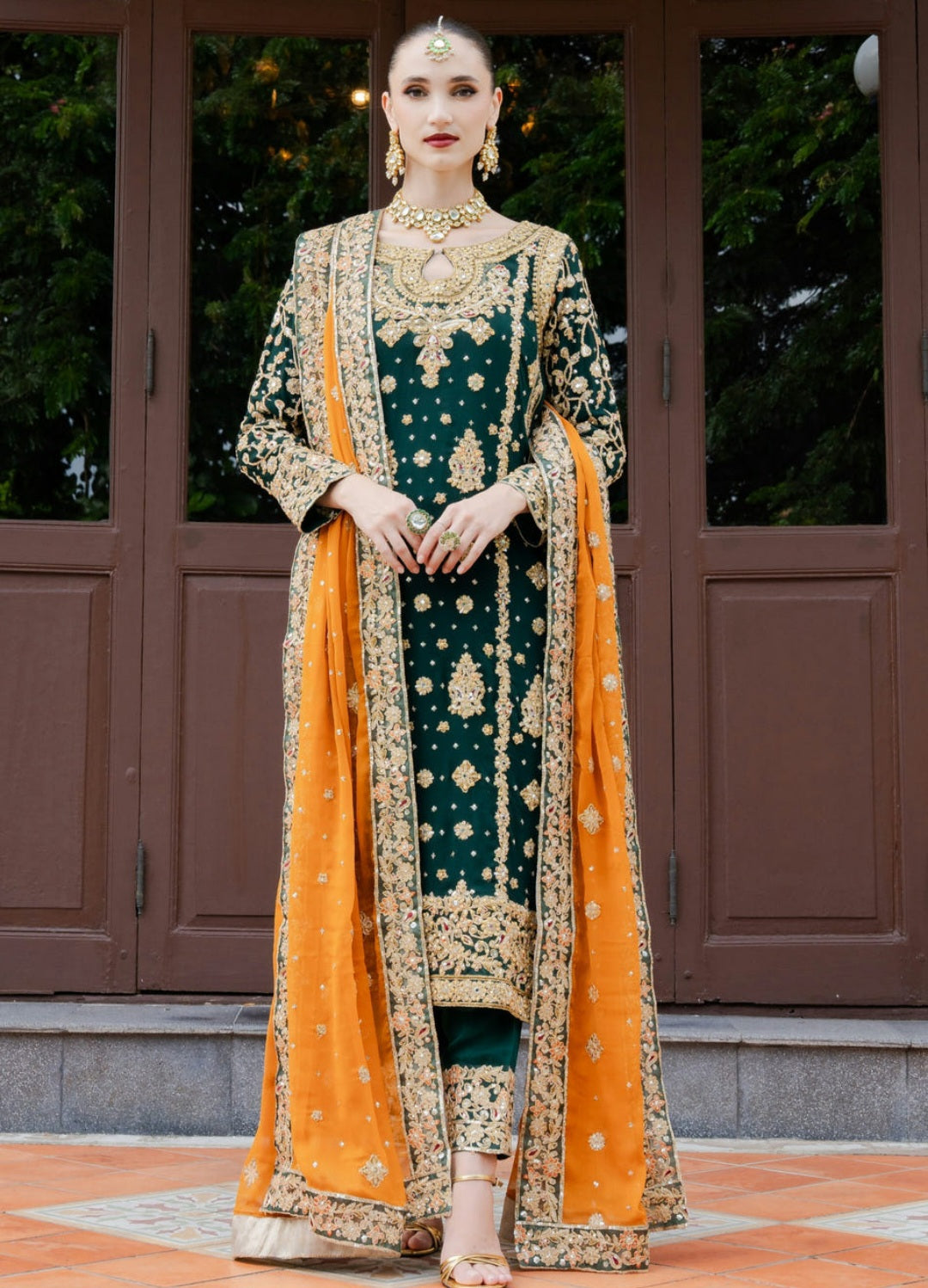 Bottle Green Embroidered Kurta Set with Chiffon Dupatta