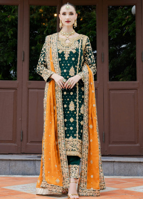 Bottle Green Embroidered Kurta Set with Chiffon Dupatta