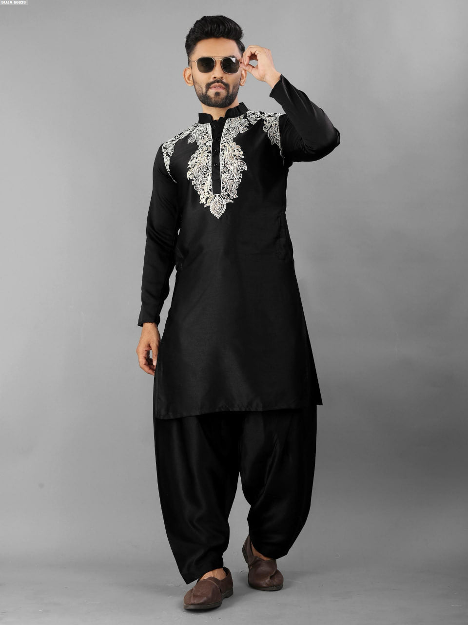 Embroidered Pathani Kurta with Shalwar Set