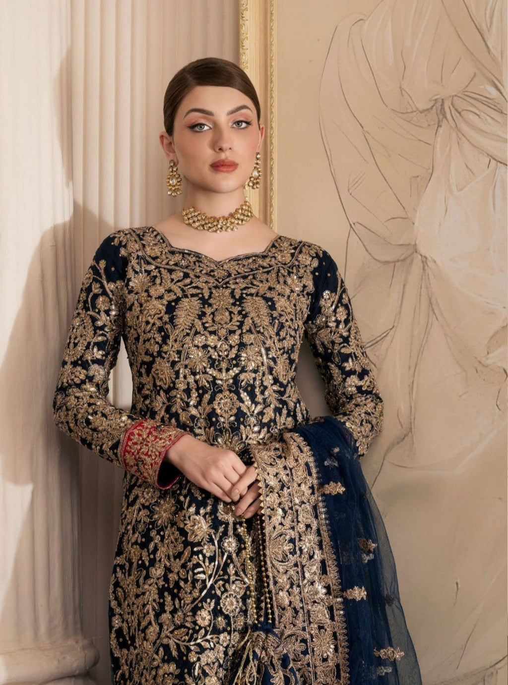 Navy Blue Embroidered Net Kurta Set with Dupatta