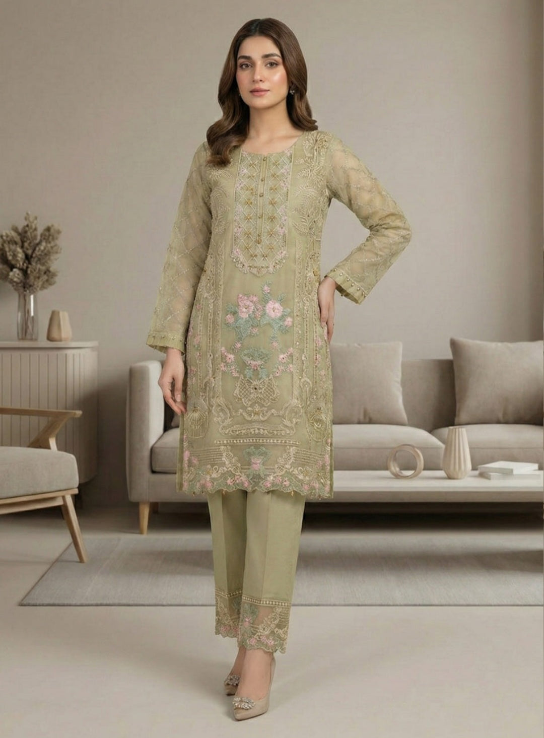 Elegant Pistachio Green Embroidered Suit Set