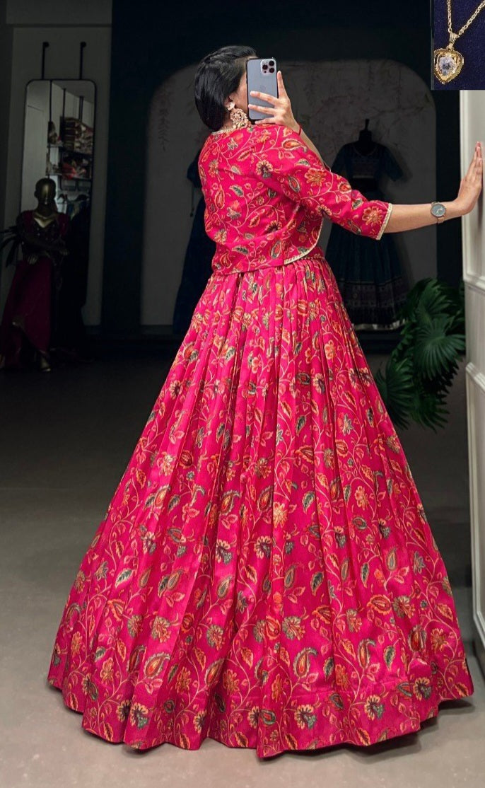 Tussar Silk Floral Print Lehenga Set with Koti