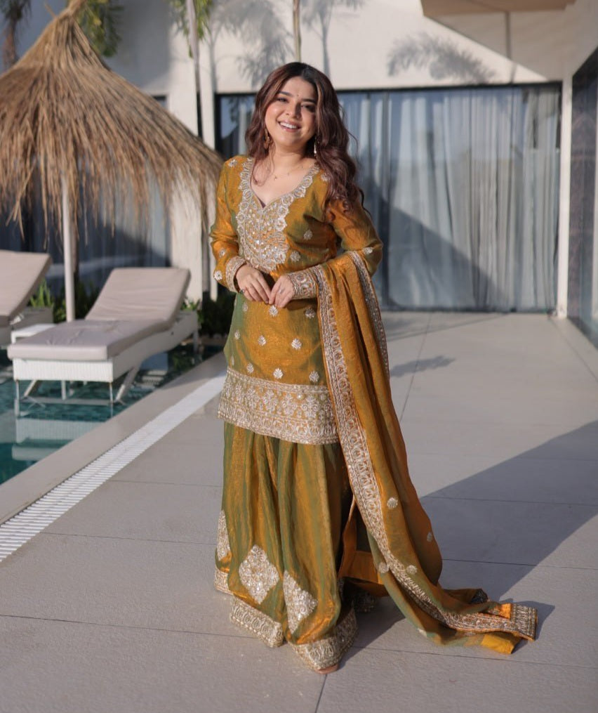 Premium Fendi Chiffon Embroidered Sharara Set