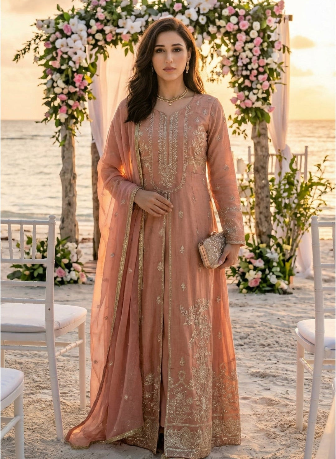 Peach Pink Embroidered Suit Set