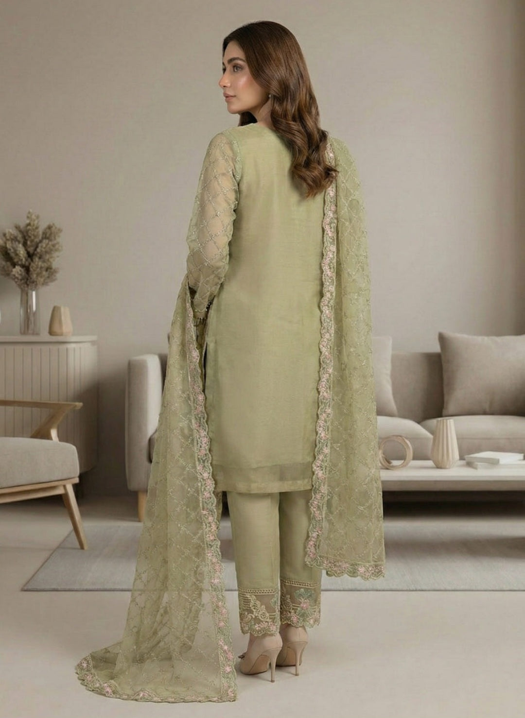 Elegant Pistachio Green Embroidered Suit Set