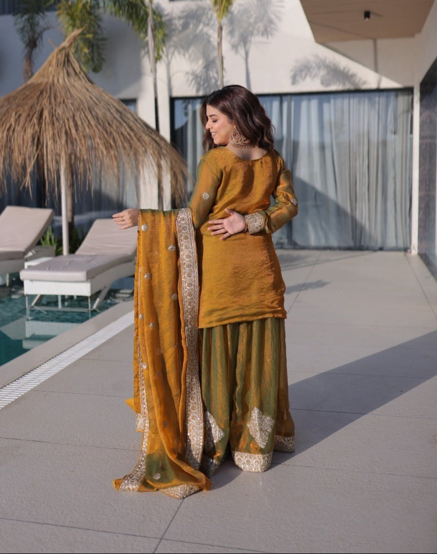 Premium Fendi Chiffon Embroidered Sharara Set