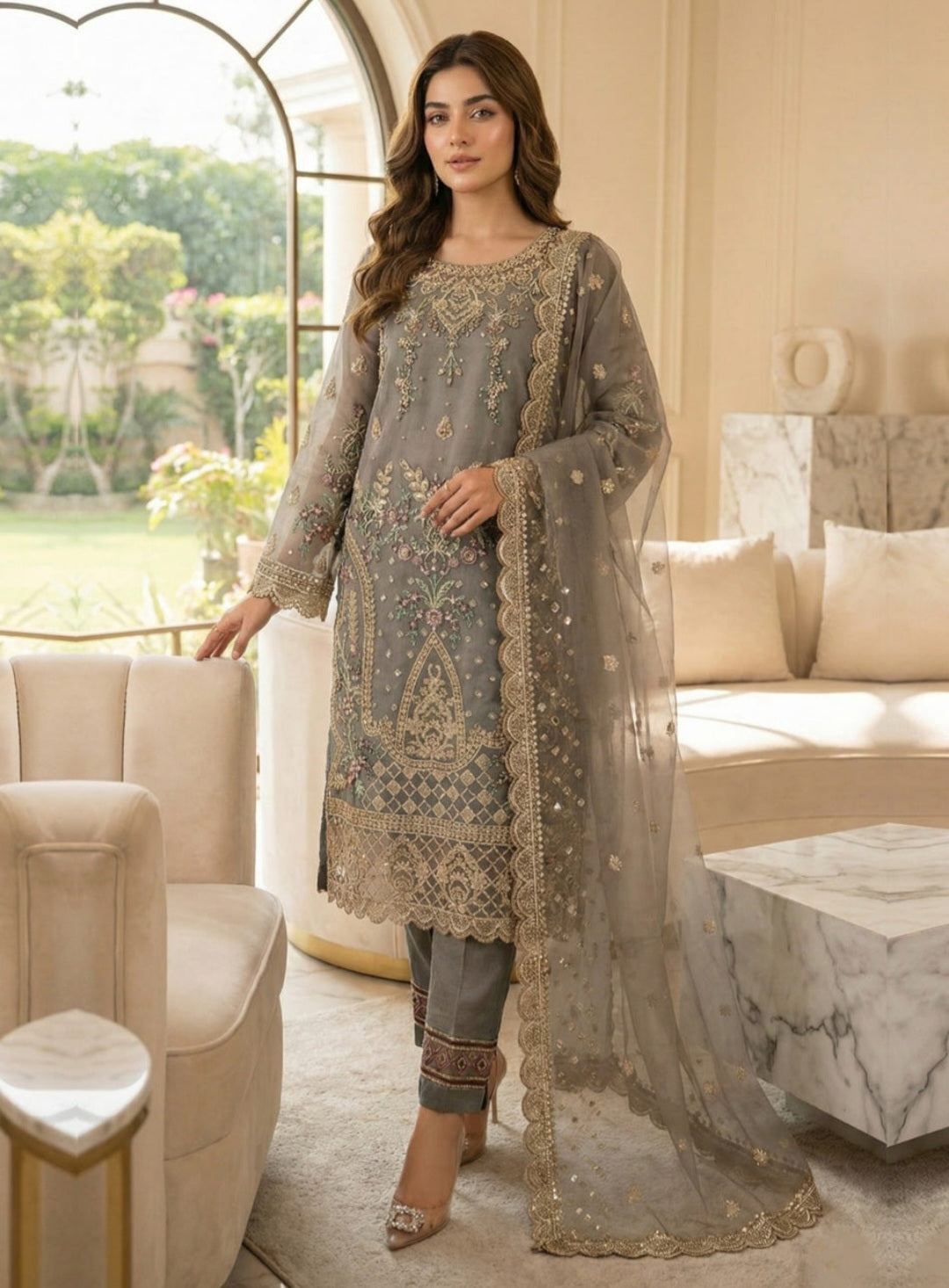 Elegant Grey Embroidered Kurta Set – Festive & Party Wear