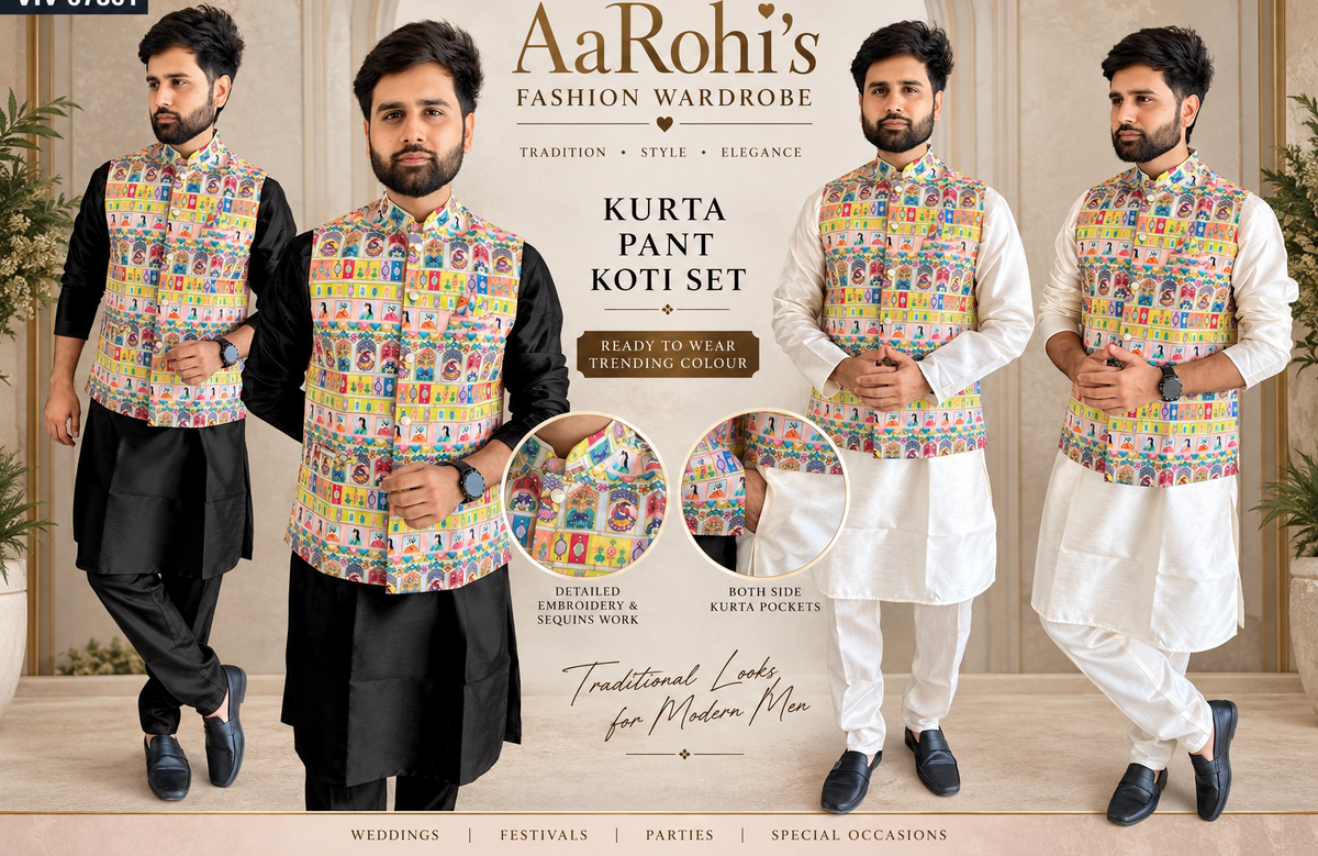 Embroidered Koti Kurta Pant Set