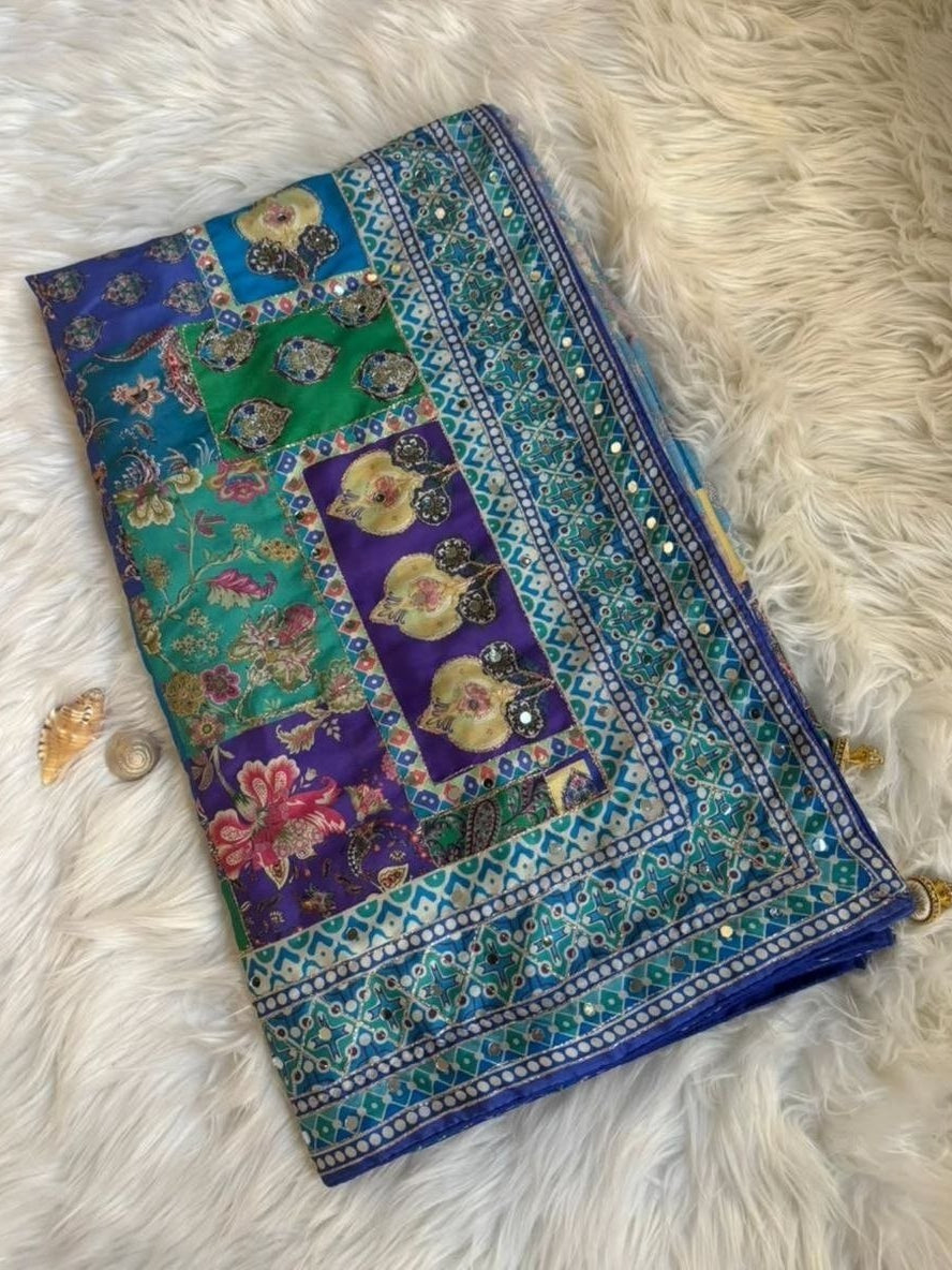 Designer Chinon Silk Saree (Blue Purple)
