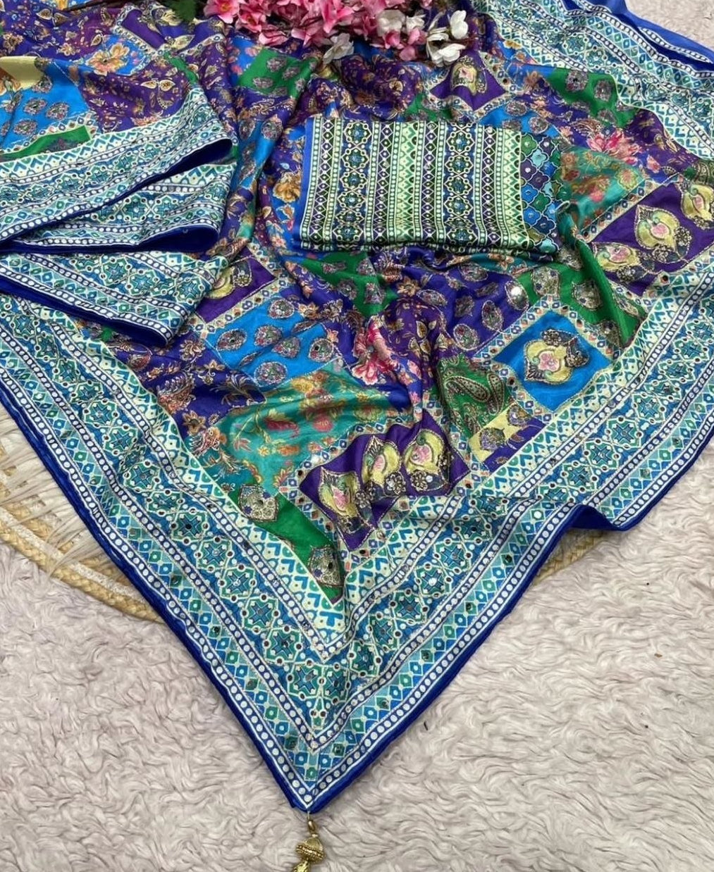 Designer Chinon Silk Saree (Blue Purple)