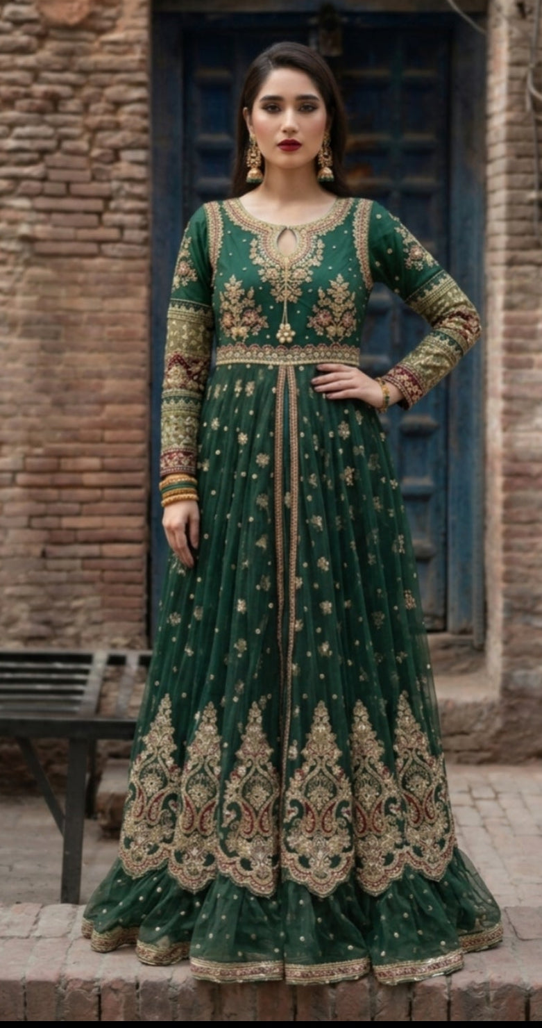 Green Embroidered Flared Maxi Suit Set